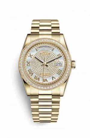 Swiss Replica Rolex Day-Date 36 118348 White mother-of-pearl diamond paved Dial Watch