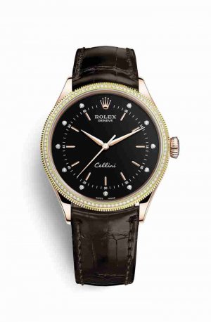 Swiss Replica Rolex Cellini Time Everose gold 50605RBR Black diamonds Watch