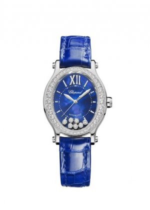 Copy Chopard Happy Sport Oval 7 Floating Diamonds Mother of Pearl Diamond Leather Strap Women's Watch