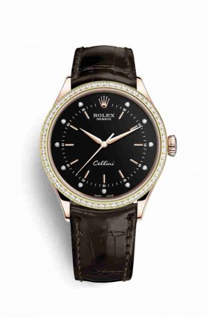 Swiss Replica Rolex Cellini Time 18ct Everose gold 50705RBR Black diamonds Watch