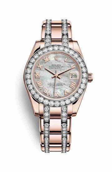 Swiss Replica Rolex Pearlmaster 34 Everose gold 81285 White mother-of-pearl Dial Watch - Click Image to Close