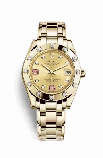 Swiss Replica Rolex Pearlmaster 34 81318 Champagne diamonds rubies Dial Watch - Click Image to Close