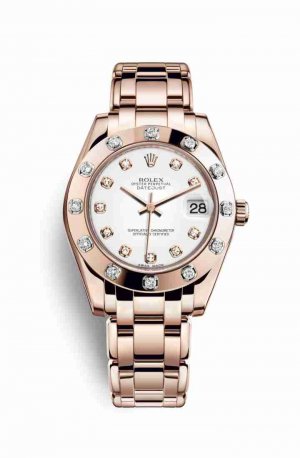 Swiss Replica Rolex Pearlmaster 34 Everose gold 81315 White diamonds Watch