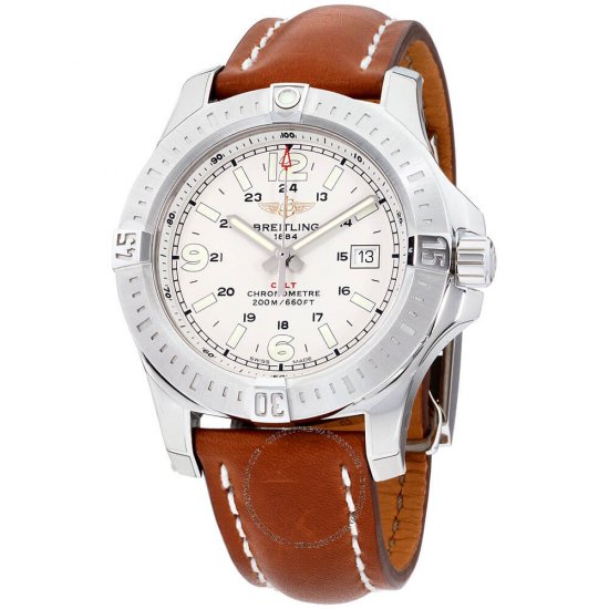 Fake Breitling Colt 44 Quartz Silver Dial Brown Leather Strap Men's A7438811/G792-437X Watch - Click Image to Close