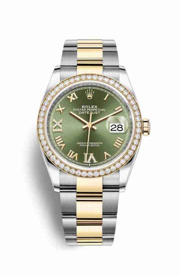 Swiss Replica Rolex Datejust 36 Yellow 126283RBR Olive green diamonds Watch - Click Image to Close