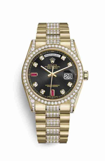 Swiss Replica Rolex Day-Date 36 118388 Black diamonds rubies Dial Watch - Click Image to Close