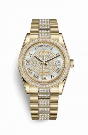 Swiss Replica Rolex Day-Date 36 118348 White mother-of-pearl diamond paved Dial Watch