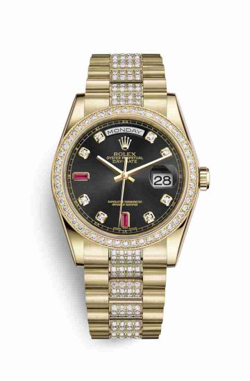 Swiss Replica Rolex Day-Date 36 118348 Black diamonds rubies Dial Watch - Click Image to Close