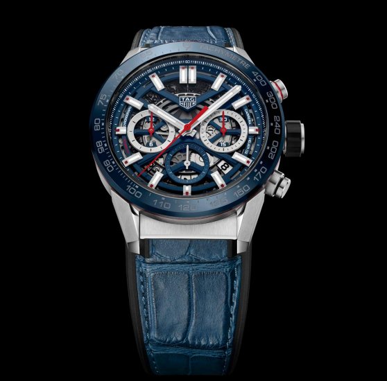 Swiss Replica TAG Heuer CBG2011.FC6430 Carrera Calibre Heuer 02 43 Stainless Steel/Blue Ceramic/Alligator Watch - Click Image to Close