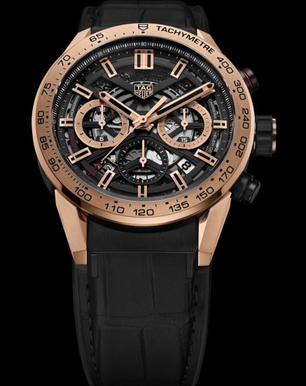 Swiss Replica TAG Heuer CBG2051.FC6426 Carrera Calibre Heuer 02 43 Rose Gold/Alligator Watch - Click Image to Close