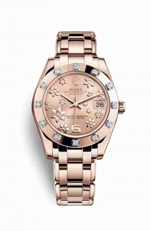 Swiss Replica Rolex Pearlmaster 34 Everose gold 81315 Pink raised floral motif Dial Watch