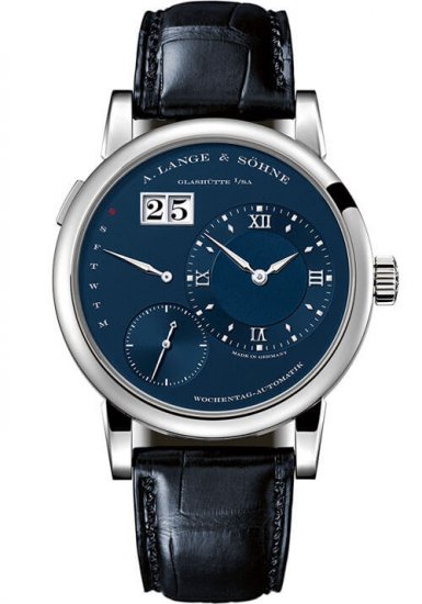 Swiss Replica A. Lange & Sohne 320.028 Lange 1 Daymatic White Gold/Blue Watch - Click Image to Close