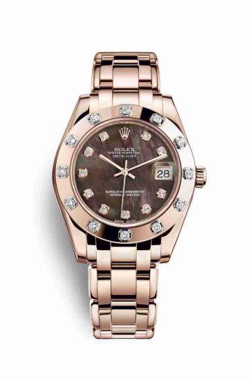 Swiss Replica Rolex Pearlmaster 34 Everose gold 81315 Black mother-of-pearl diamonds Watch - Click Image to Close