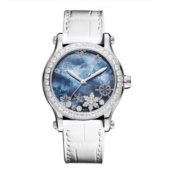 Copy Chopard Happy Snowflakes Blue Mother of Pearl Diamond White Leather Strap Limited Edition Women's Watch - Click Image to Close