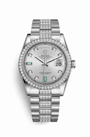 Swiss Replica Rolex Day-Date 36 Platinum 118346 Rhodium diamonds emeralds Dial Watch - Click Image to Close