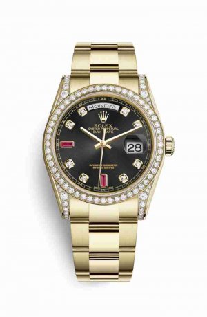 Swiss Replica Rolex Day-Date 36 118388 Black diamonds rubies Dial Watch