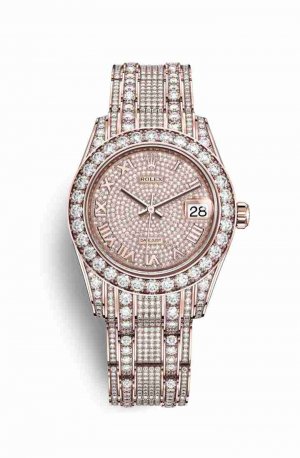 Swiss Replica Rolex Pearlmaster 34 Everose gold lugs diamonds 81405RBR Diamond-paved Dial Watch