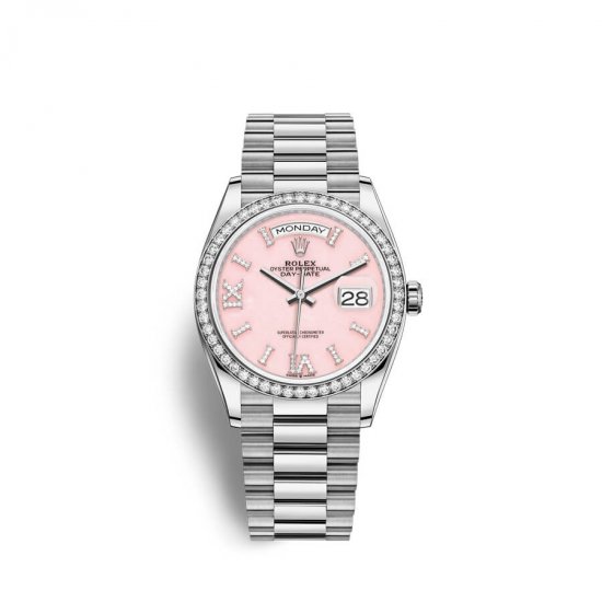 Fake Rolex Day-Date 36 18 ct white gold M128349RBR-0008 Pink opal set with diamonds Dial Watch - Click Image to Close