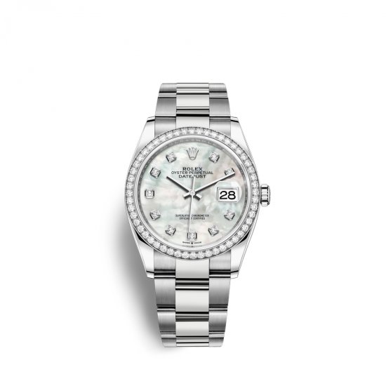 Fake Rolex Datejust 36 Oystersteel 18 ct white gold M126284RBR-0012 White mother-of-pearl set with diamonds Dial Watch - Click Image to Close