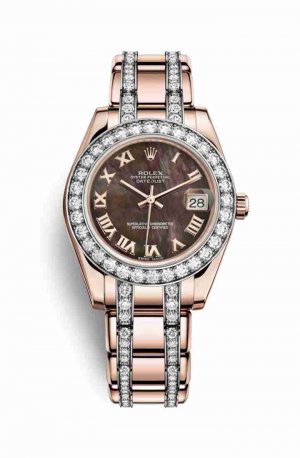 Swiss Replica Rolex Pearlmaster 34 Everose gold 81285 Black mother-of-pearl Dial Watch