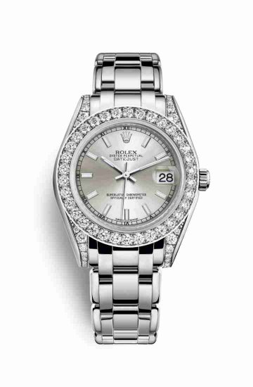 Swiss Replica Rolex Pearlmaster 34 diamonds 81159 Silver Dial Watch - Click Image to Close