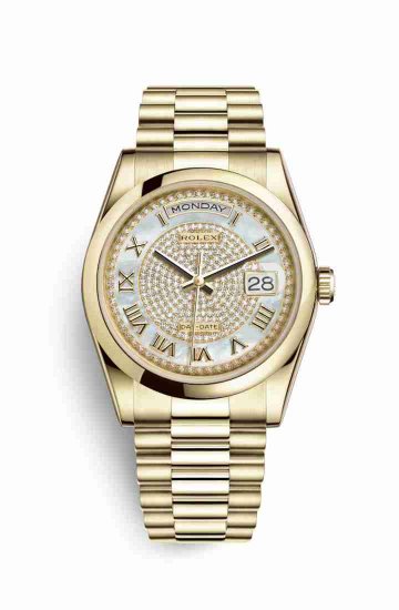 Swiss Replica Rolex Day-Date 36 118208 White mother-of-pearl diamond paved Dial Watch - Click Image to Close