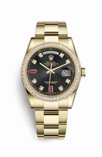 Swiss Replica Rolex Day-Date 36 118348 Black diamonds rubies Dial Watch - Click Image to Close