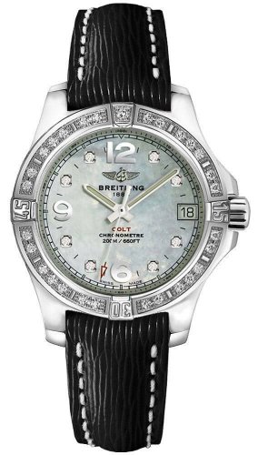 Fake Breitling Colt Lady Mother of Pearl Diamond Dial Black Leather Strap Women's Watch