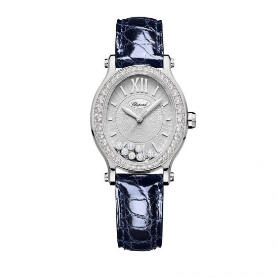 Copy Chopard Happy Sport Oval Automatic Diamond White Gold BLue Leather 31mm Women's Watch - Click Image to Close