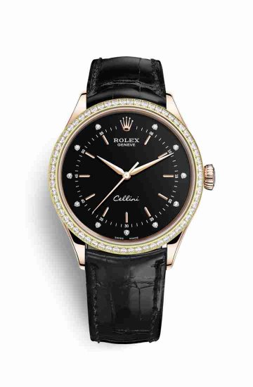 Swiss Replica Rolex Cellini Time Everose gold 50705RBR Black diamonds Watch - Click Image to Close