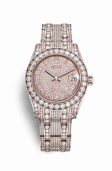 Swiss Replica Rolex Pearlmaster 34 Everose gold lugs diamonds 81405RBR Diamond-paved Dial Watch - Click Image to Close