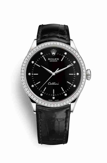 Swiss Replica Rolex Cellini Time 50709RBR Black diamonds Watch - Click Image to Close