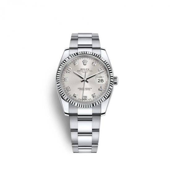 Fake Rolex Date 34 Oystersteel 18 ct white gold M115234-0012 Silver set with diamonds Dial Watch - Click Image to Close