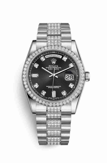 Swiss Replica Rolex Day-Date 36 Platinum 118346 Black diamonds Watch - Click Image to Close