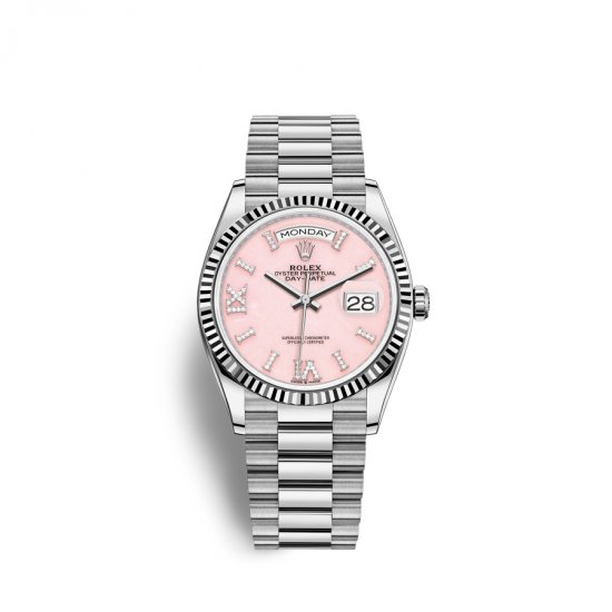 Fake Rolex Day-Date 36 18 ct white gold M128239-0021 Pink opal set with diamonds Dial Watch - Click Image to Close