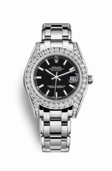 Swiss Replica Rolex Pearlmaster 34 diamonds 81159 Black Dial Watch - Click Image to Close