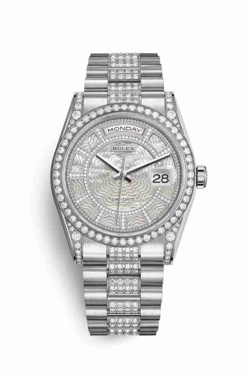 Swiss Replica Rolex Day-Date 36 diamonds 118389 Carousel of white mother-of-pearl Dial Watch - Click Image to Close