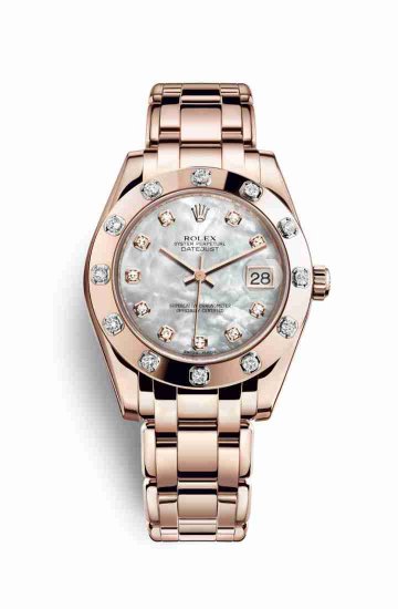 Swiss Replica Rolex Pearlmaster 34 Everose gold 81315 White mother-of-pearl diamonds Watch - Click Image to Close