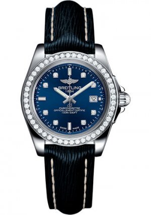 Fake Breitling Galactic 32 Sleek Edition Blue Diamond Dial Blue Leather Strap Women's Watch