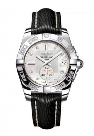 Fake Breitling Galactic 36 Automatic Mother of Pearl Diamond Dial Black Leather Strap Women's Watch