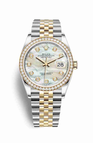 Swiss Replica Rolex Datejust 36 Yellow 126283RBR White mother-of-pearl diamonds Watch - Click Image to Close