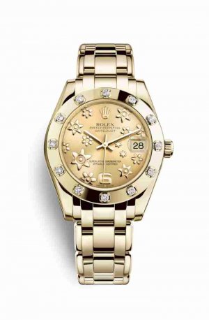 Swiss Replica Rolex Pearlmaster 34 81318 Champagne raised floral motif Dial Watch