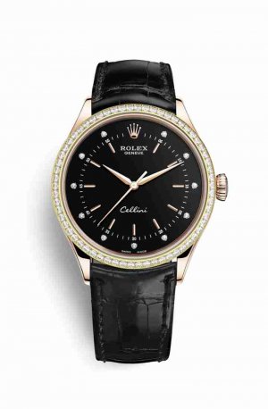 Swiss Replica Rolex Cellini Time Everose gold 50705RBR Black diamonds Watch