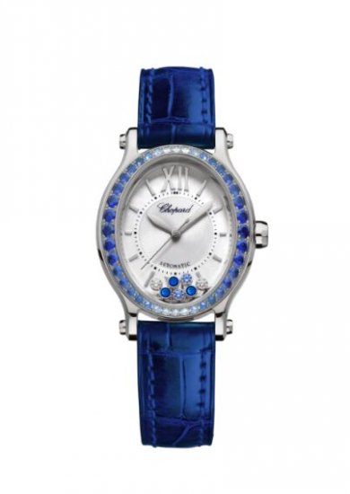 Copy Chopard Happy Sport Oval 18K White Gold Sapphires And Diamonds Watch - Click Image to Close