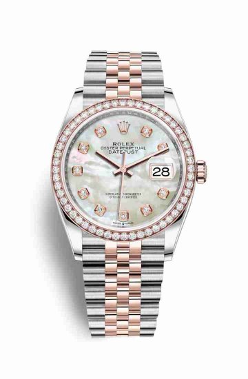 Swiss Replica Rolex Datejust 36 Everose gold 126281RBR White mother-of-pearl diamonds Watch - Click Image to Close