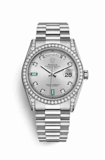 Swiss Replica Rolex Day-Date 36 diamonds 118389 Rhodium diamonds emeralds Dial Watch - Click Image to Close