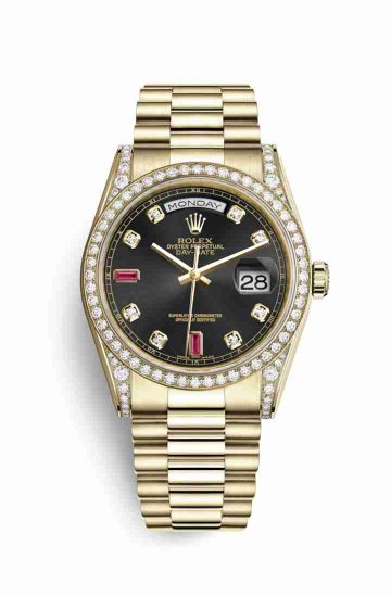 Swiss Replica Rolex Day-Date 36 118388 Black diamonds rubies Dial Watch - Click Image to Close