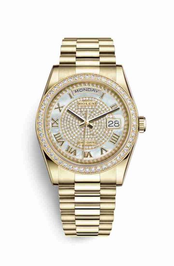 Swiss Replica Rolex Day-Date 36 118348 White mother-of-pearl diamond paved Dial Watch - Click Image to Close