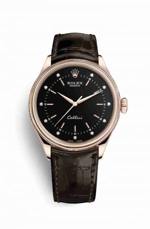 Swiss Replica Rolex Cellini Time Everose gold 50505 Black diamonds Watch