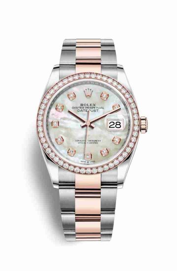 Swiss Replica Rolex Datejust 36 Everose gold 126281RBR White mother-of-pearl diamonds Watch - Click Image to Close